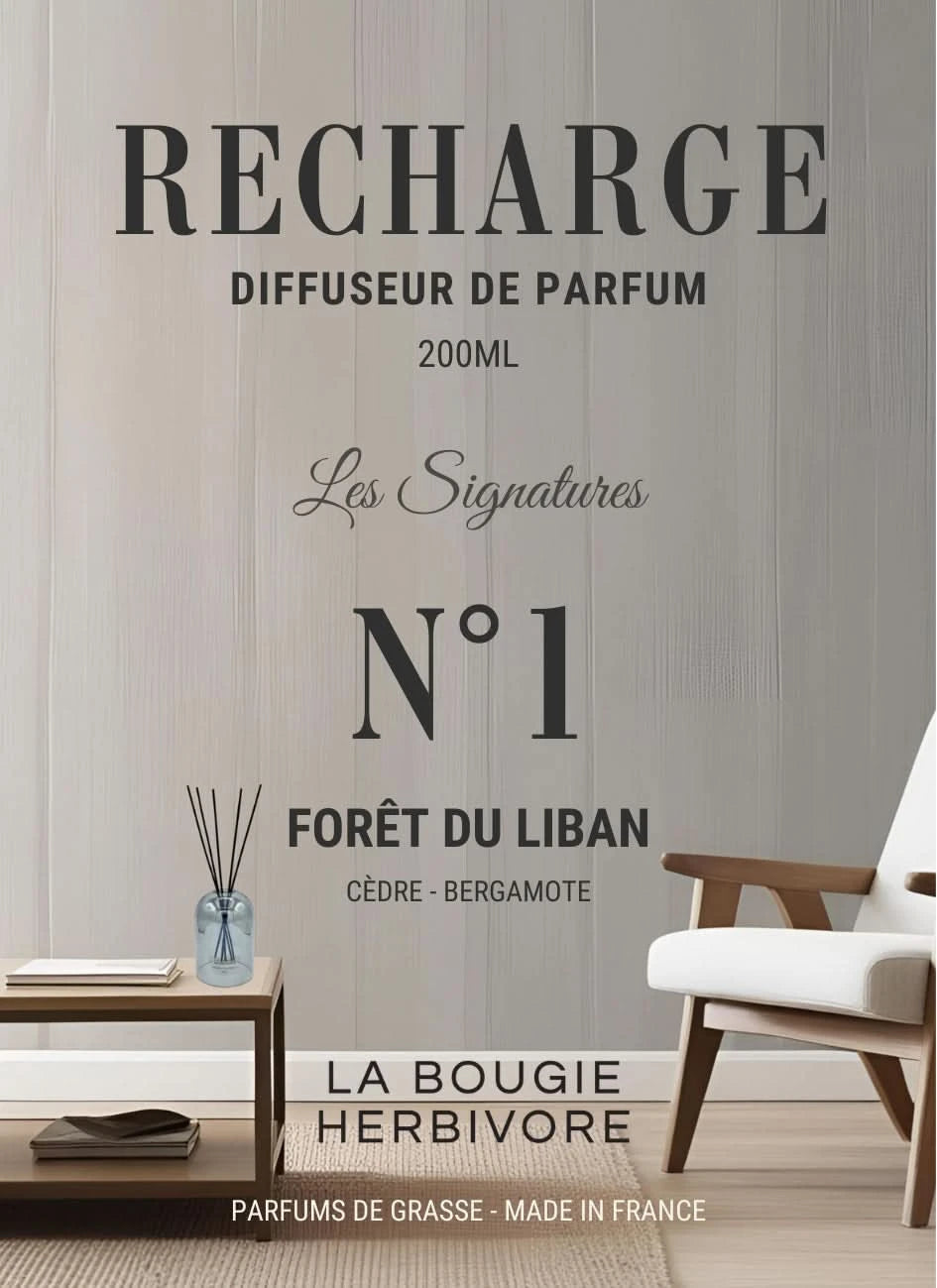 Recharge Diffuseur de Parfum à Bâtonnets No. 1 FORET DU LIBAN - 200ml - Collection les Signatures La Bougie Herbivore diffuseur