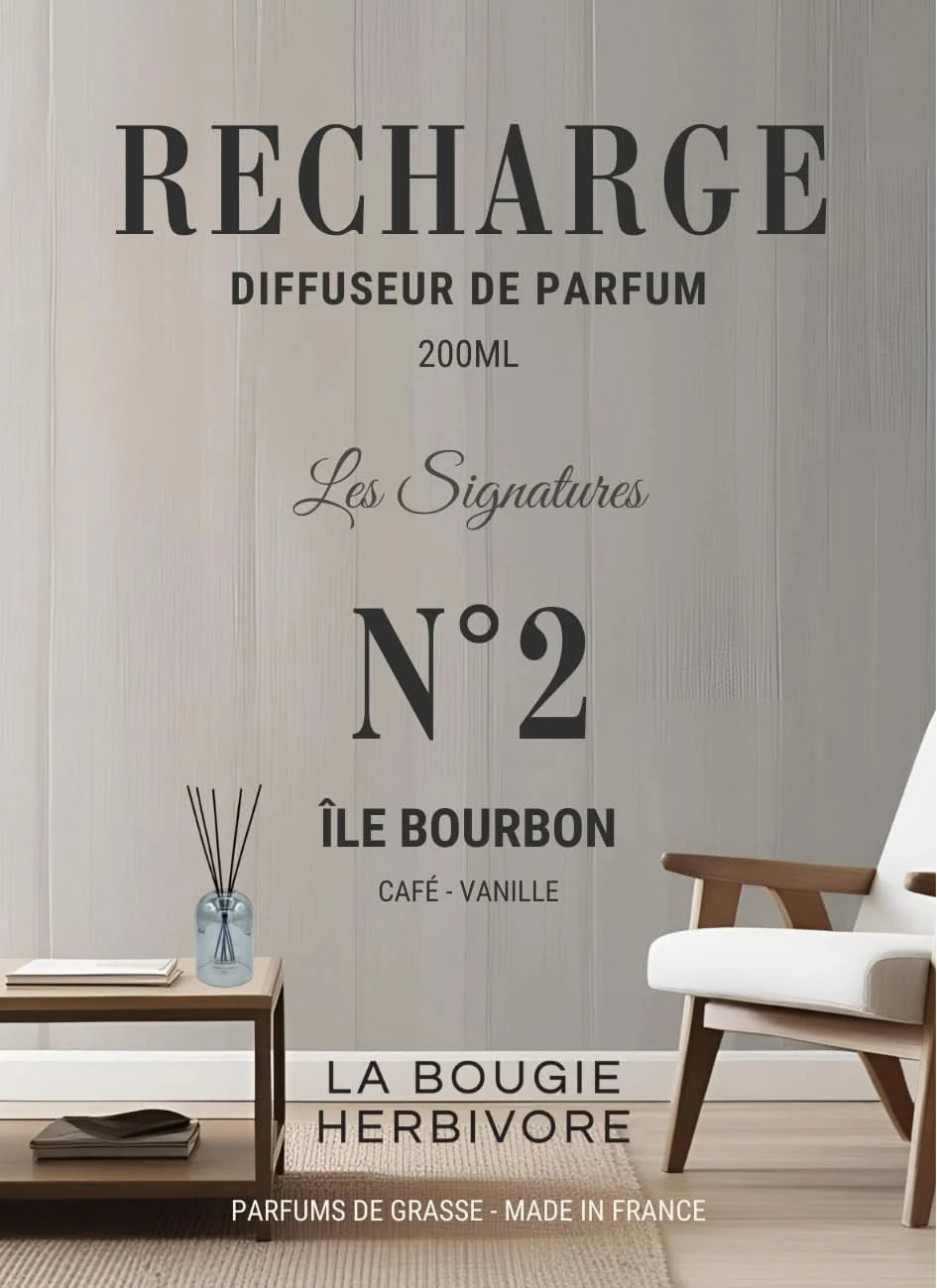 Recharge Diffuseur de Parfum à Bâtonnets No. 2 ILE BOURBON - 200ml - Collection les Signatures La Bougie Herbivore diffuseur