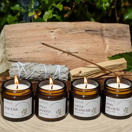4 Bougies Parfumées 50g – Sauge Blanche, Palo Santo, Encens, Bois de Oud