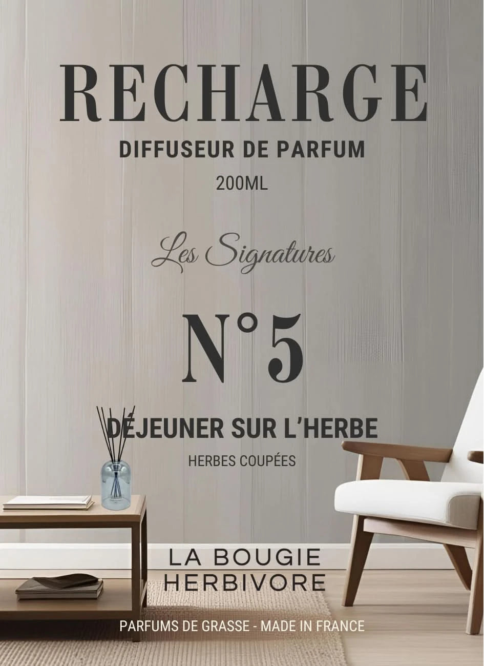 Recharge Diffuseur de Parfum à Bâtonnets No. 5 DEJEUNER SUR L'HERBE - 200ml - Collection les Signatures La Bougie Herbivore diffuseur