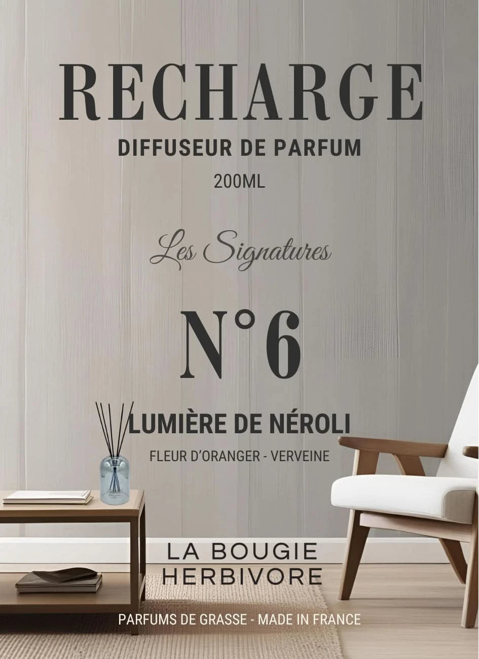Recharge Diffuseur de Parfum à Bâtonnets No. 6 LUMIERE DE NEROLI - 200ml - Collection les Signatures La Bougie Herbivore diffuseur