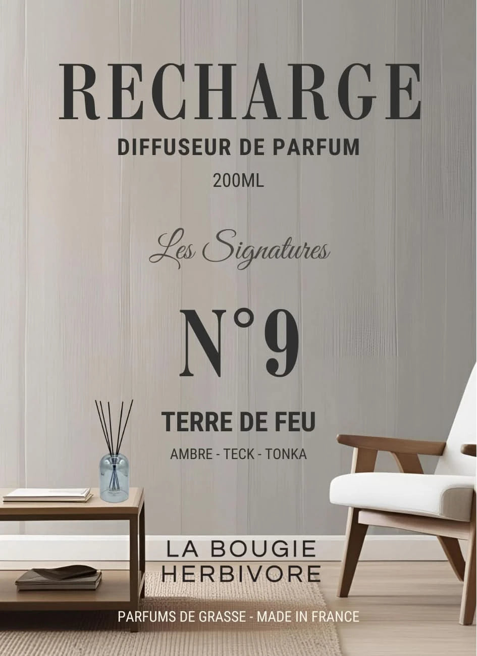 Recharge Diffuseur de Parfum à Bâtonnets No. 9 TERRE DE FEU - 200ml - Collection les Signatures La Bougie Herbivore diffuseur