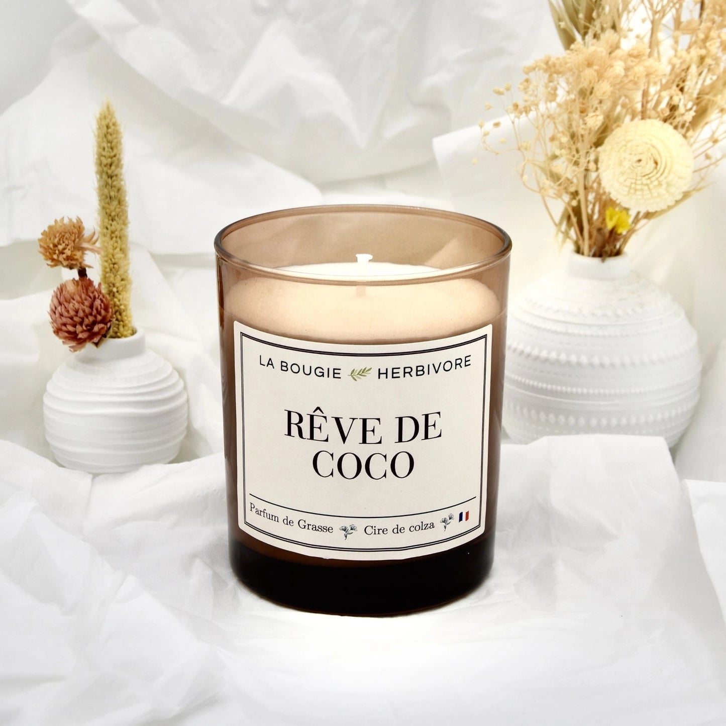 Bougie Parfumée "Rêve de Coco" Verre Ambré | Cire de Colza | Parfum de Grasse - 180g La Bougie Herbivore Bougies