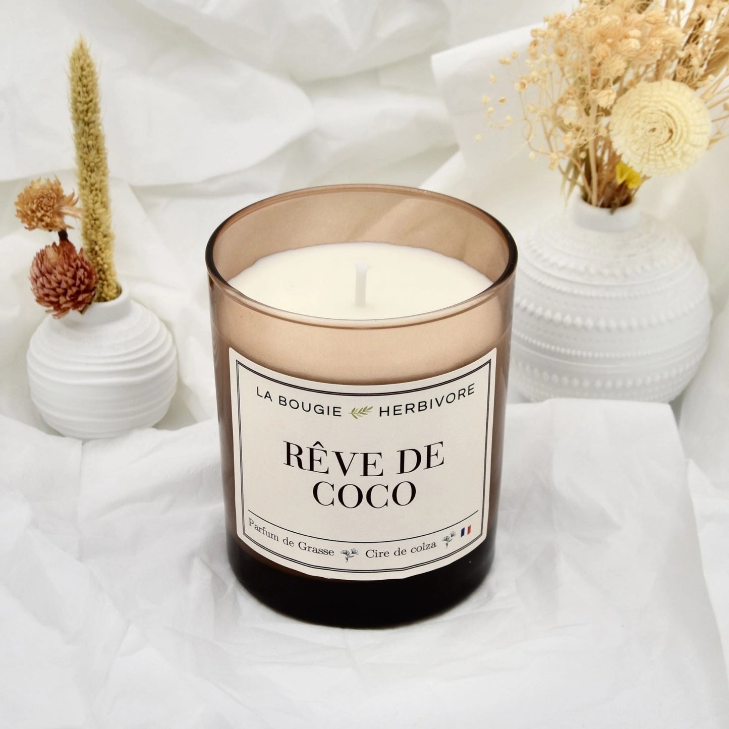 Bougie Parfumée "Rêve de Coco" Verre Ambré | Cire de Colza | Parfum de Grasse - 180g La Bougie Herbivore Bougies