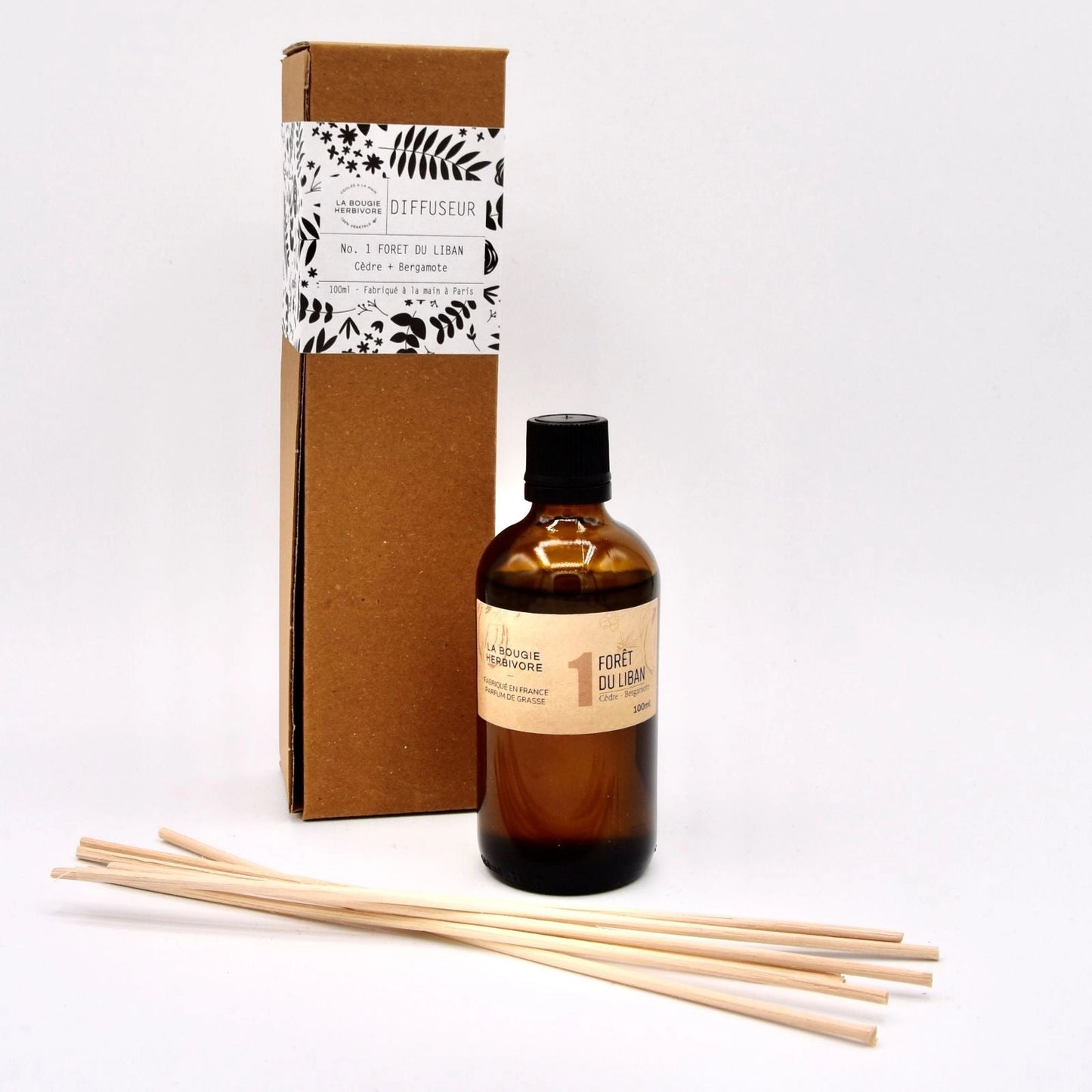 Diffuseur Signature à bâtonnets en Verre Ambré de 100 ml NO. 1 FORET DU LIBAN - Cèdre + Bergamote La Bougie Herbivore diffuseur