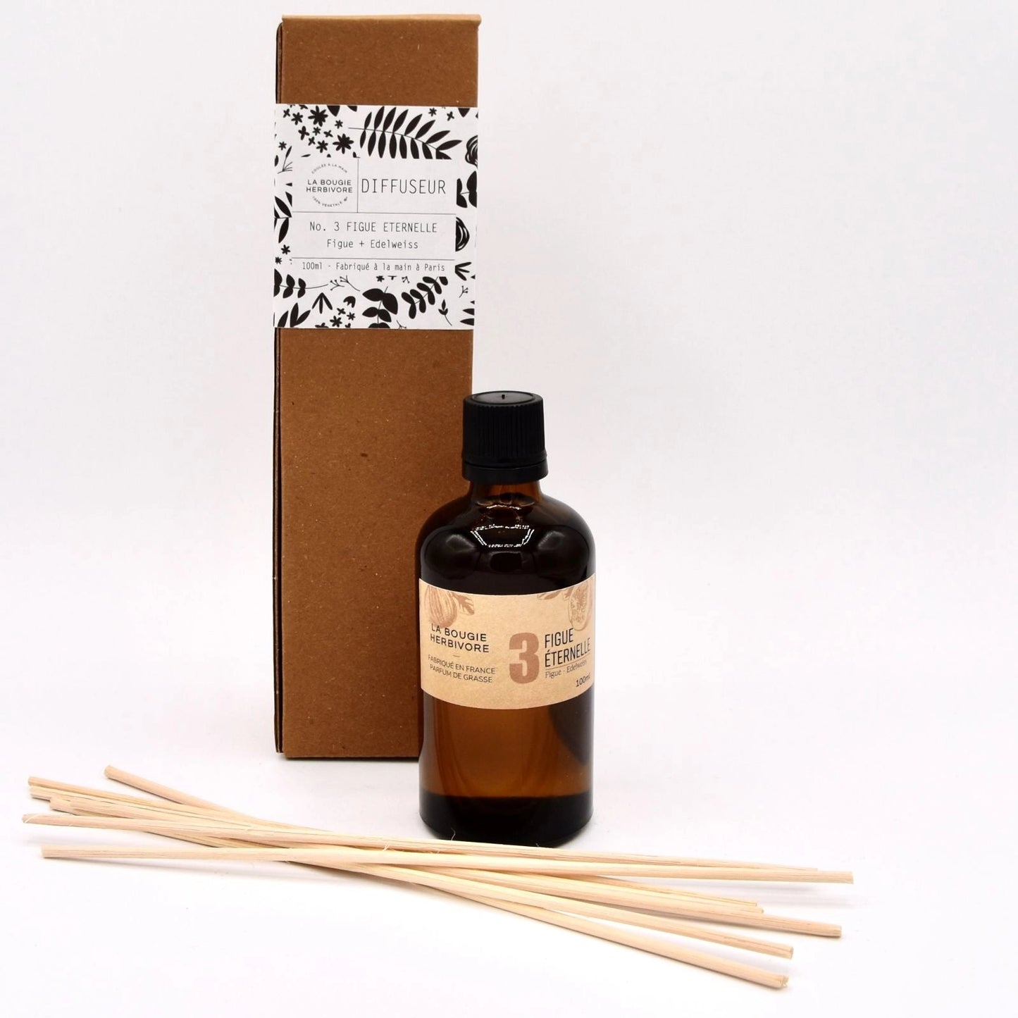 Diffuseur Signature à bâtonnets en Verre Ambré de 100 ml NO. 3 FIGUE ETERNELLE - Figue + Edelweiss La Bougie Herbivore diffuseur