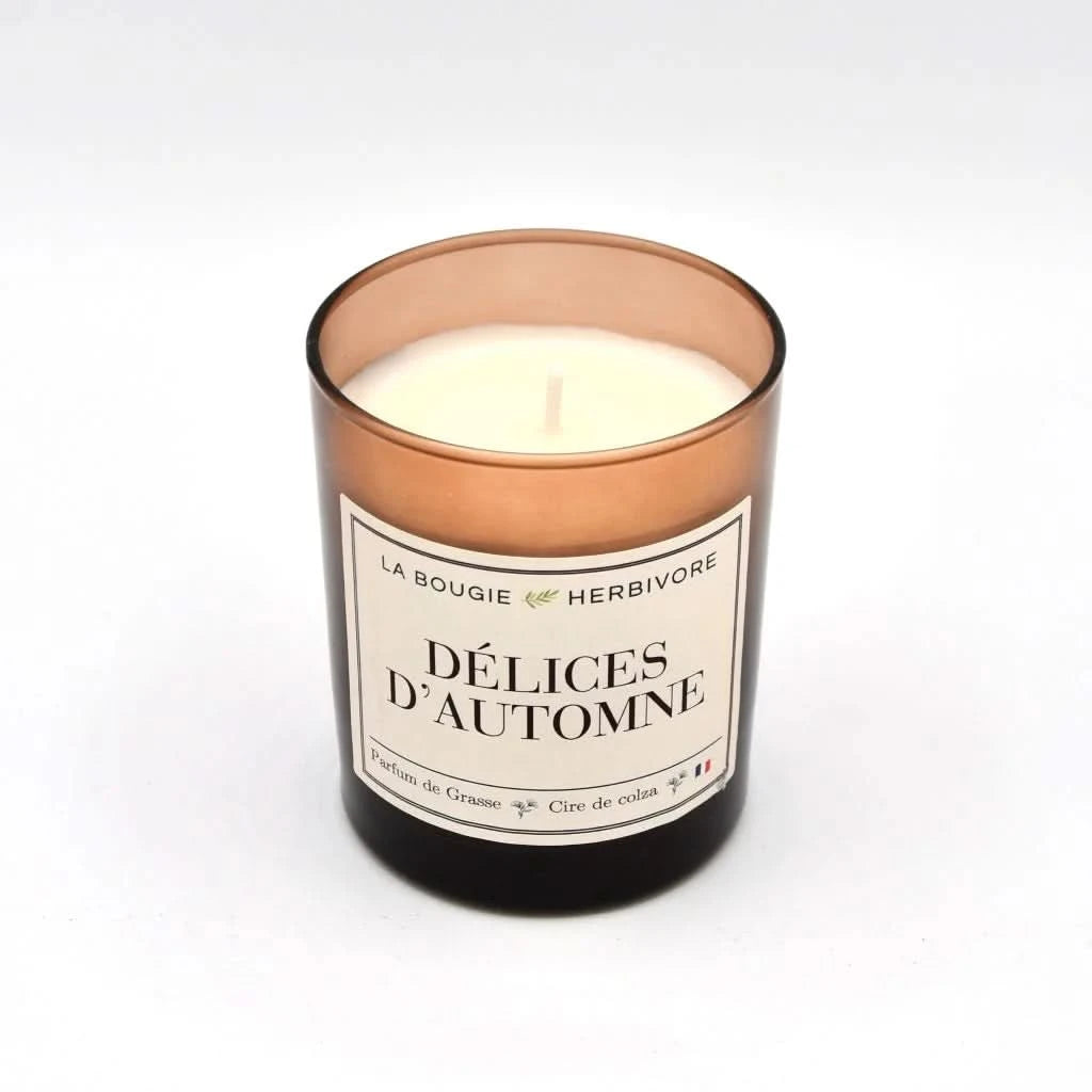 Bougie Parfumée Délices d'Automne Verre Ambré | Cire de Colza | Parfum de Grasse - 180g - Bougies artisanales, créées en France