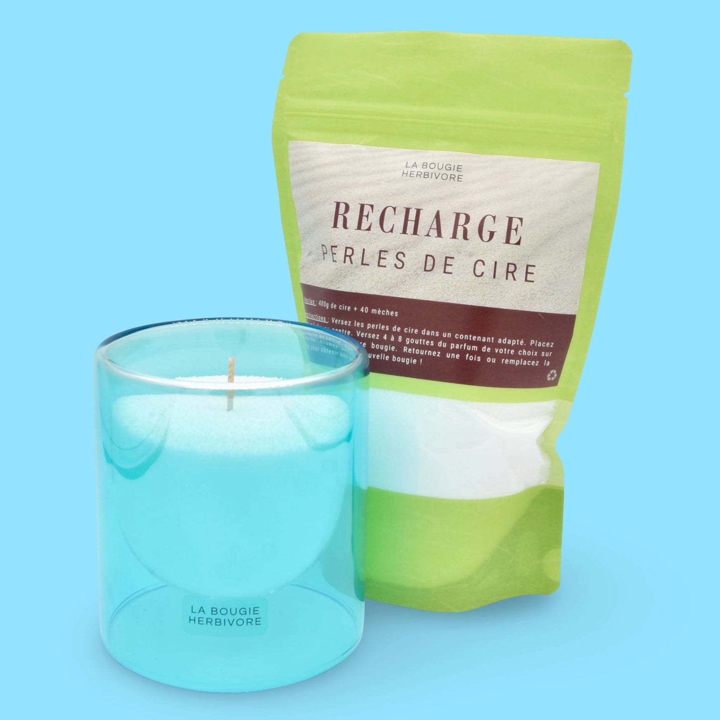 Pack Contenant à Bougie Goutte d'Eau "Bleu" + Recharge Bougie en Perles de Cire Végétale - 400g avec 40 Mèches La Bougie Herbivore Bougies