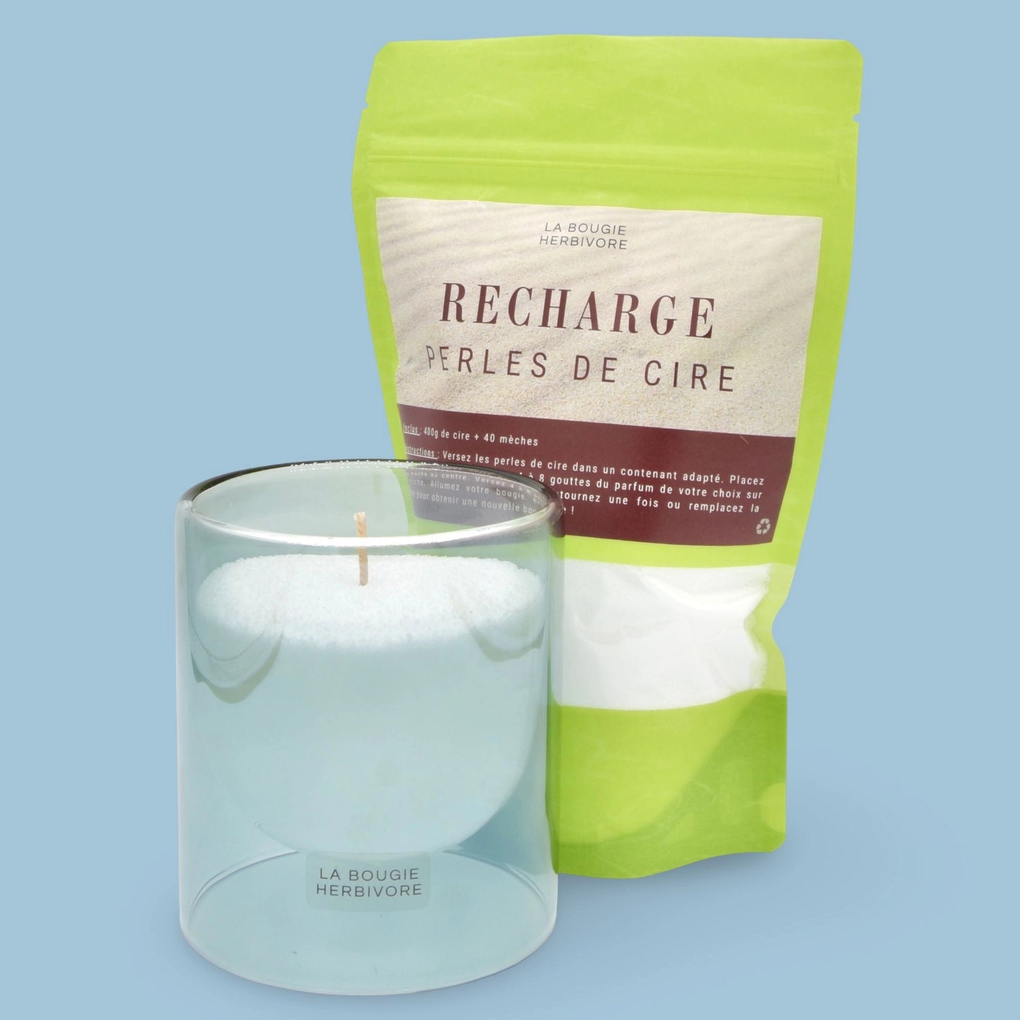 Pack Contenant à Bougie Goutte d'Eau "Gris" + Recharge Bougie en Perles de Cire Végétale - 400g avec 40 Mèches La Bougie Herbivore Bougies