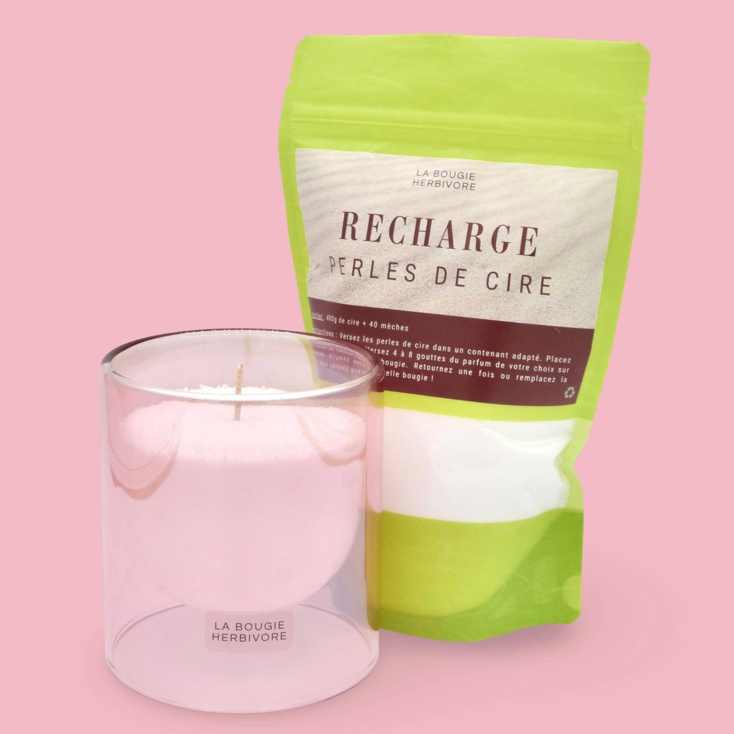 Pack Contenant à Bougie Goutte d'Eau "Rose" + Recharge Bougie en Perles de Cire Végétale - 400g avec 40 Mèches La Bougie Herbivore Bougies