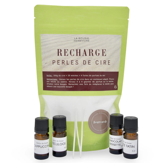 Kit Bougie DIY – Perles de Cire Gourmandes Parfumées – 200g – 4 Parfums de Grasse – Recharge Naturelle Artisanale