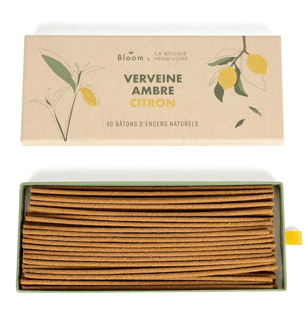 Encens parfum naturel Verveine Ambre Citron en boîte de 40 bâtons de La Bougie Herbivore