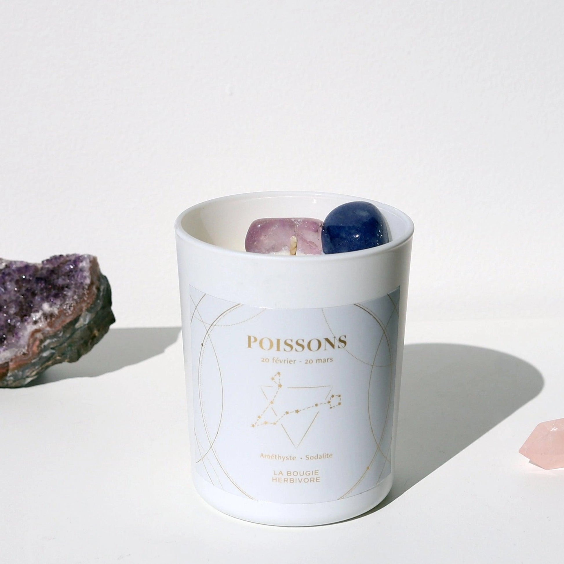 Bougie astrologie Poissons de La Bougie Herbivore avec pierres semi-précieuses et design élégant