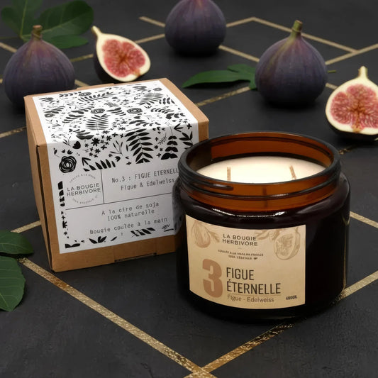 Bougie parfumée figue en pot de verre avec triple mèches 400g, parfum figue et edelweiss de La Bougie Herbivore