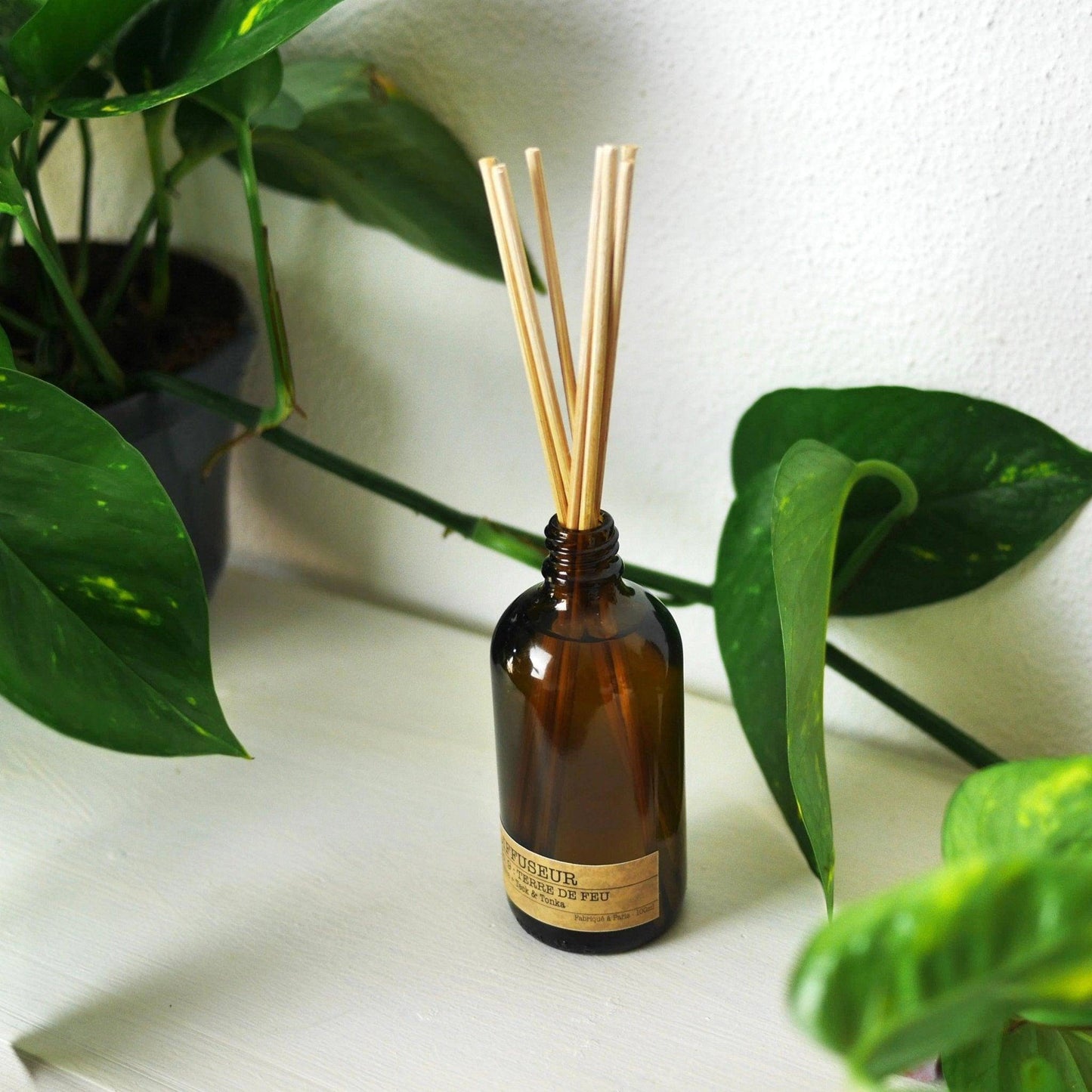 Diffuseur de parfum rose cardamome de La Bougie Herbivore avec tiges en rotin dans une ambiance naturelle