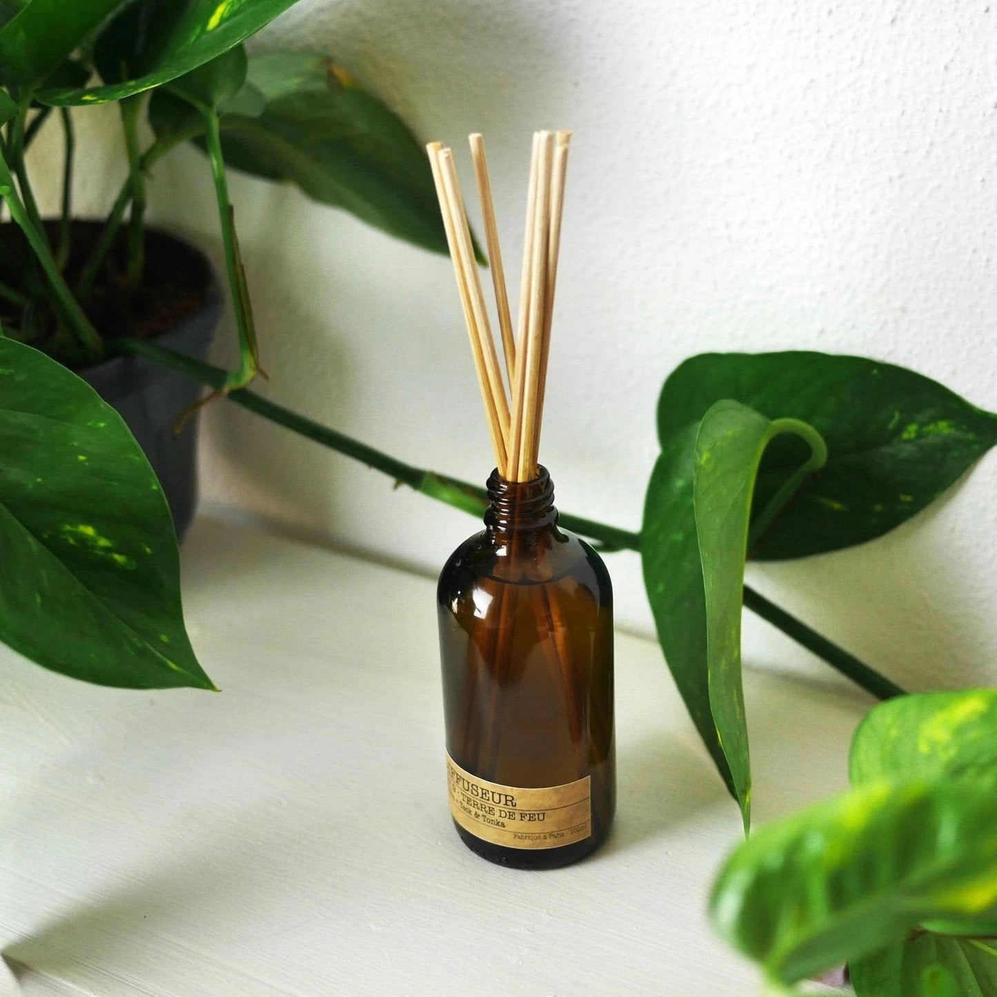 Diffuseur naturel made in France en verre ambré avec tiges en bois et plantes environnantes