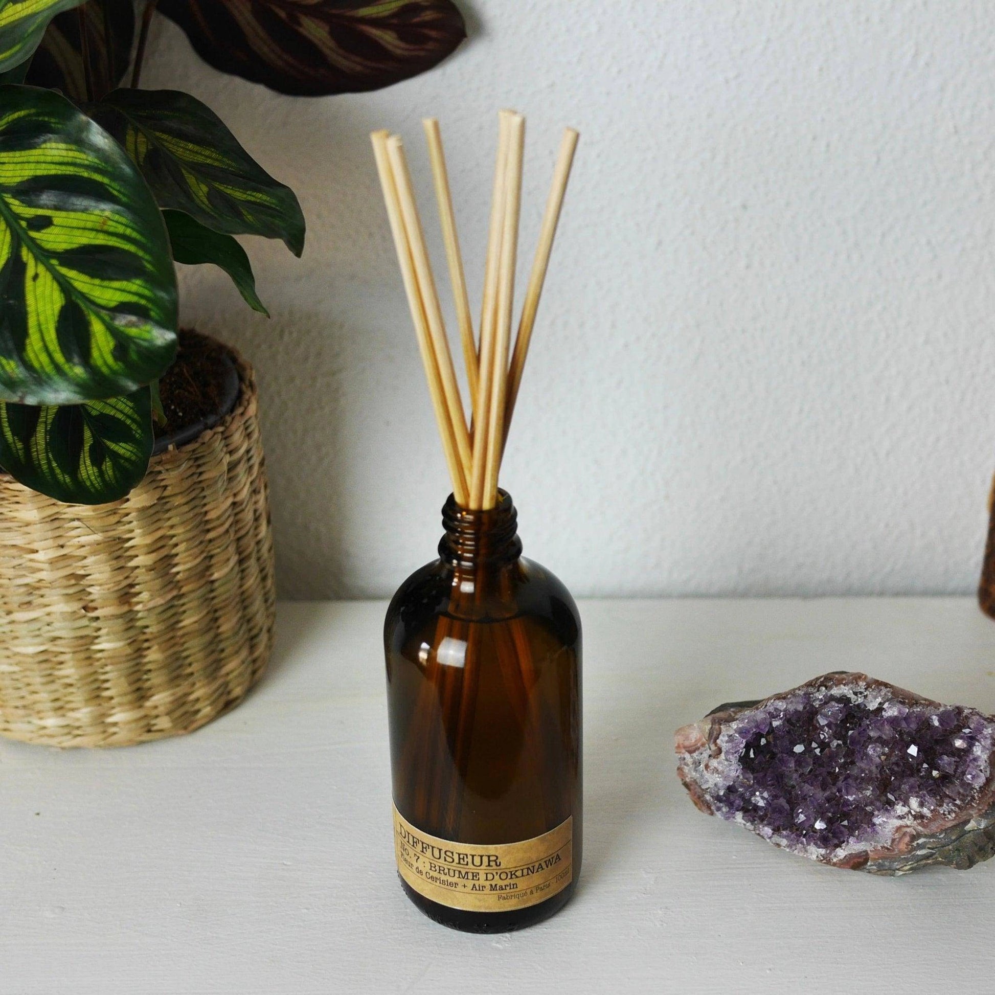 Diffuseur parfum fleur de cerisier de La Bougie Herbivore avec tiges en bambou dans un cadre naturel