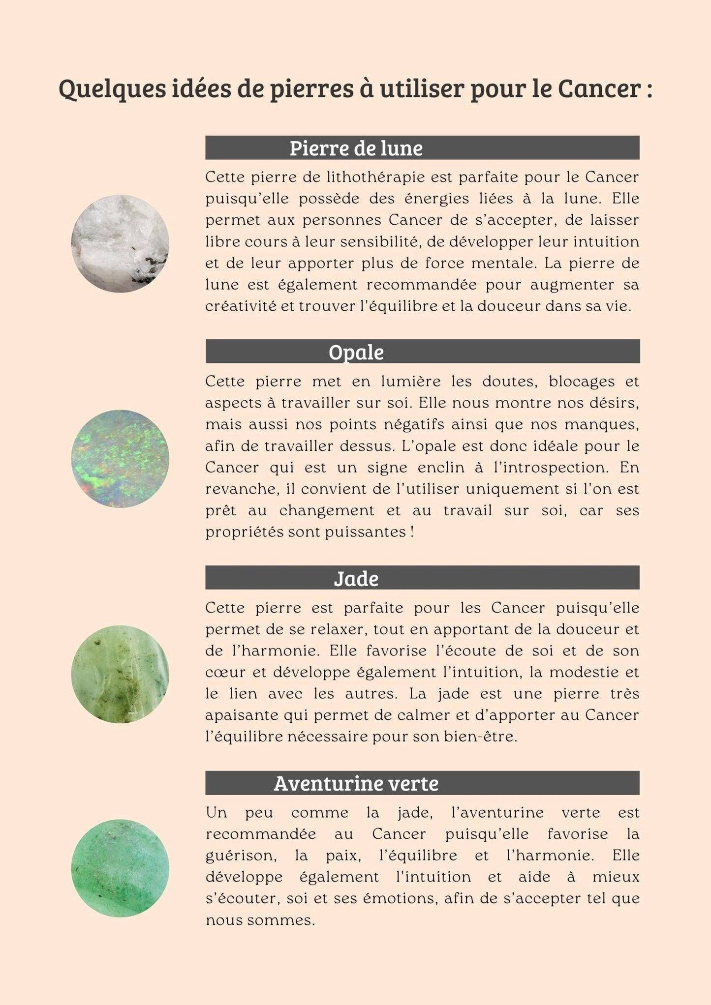 Ebook de La Bougie Herbivore, guide pierres astrologiques avec des conseils pour le Cancer