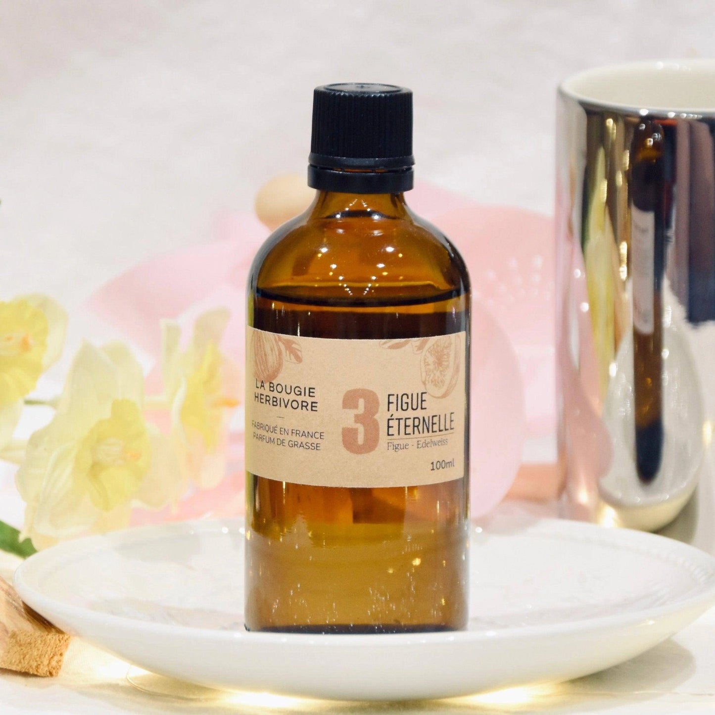 Diffuseur Figue Edelweiss en bouteille ambrée de 100ml, parfum délicat pour une ambiance apaisante