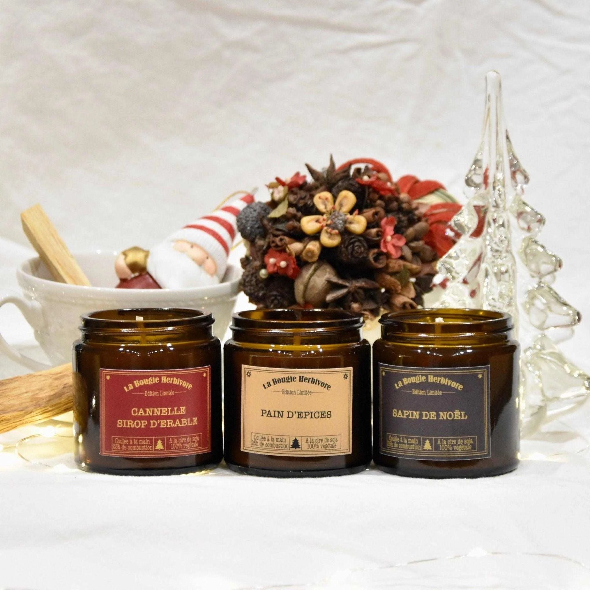 Pack bougies Noël de La Bougie Herbivore avec saveurs cannelle, pain d'épices et sapin de Noël
