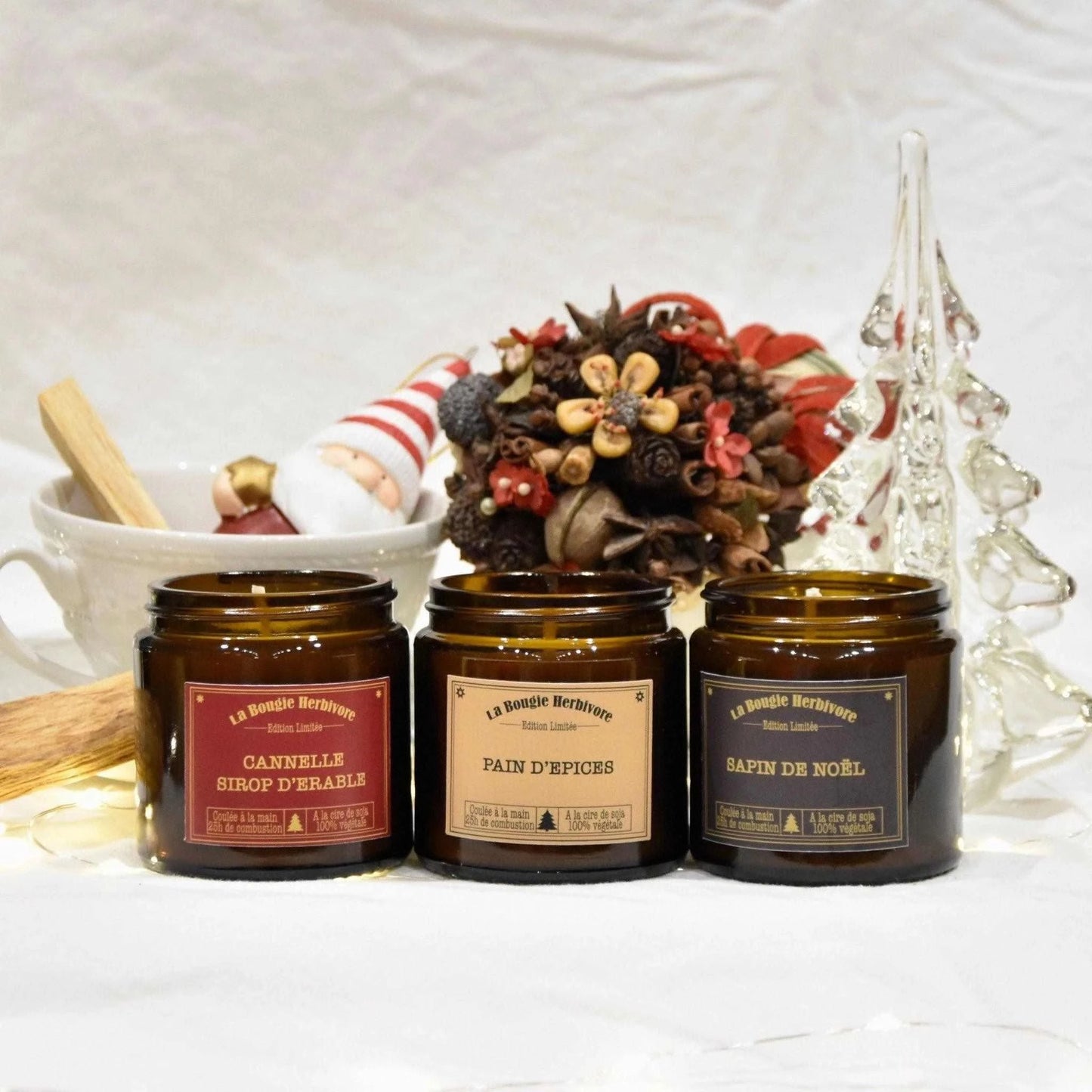 Pack bougies Noël de La Bougie Herbivore avec saveurs cannelle, pain d'épices et sapin de Noël