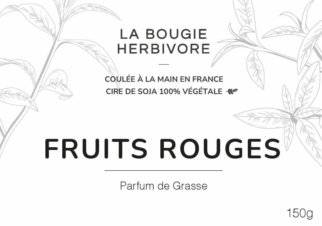 Étiquette de bougie cire de soja artisanale Fruits rouges de La Bougie Herbivore, 150g, parfum de Grasse