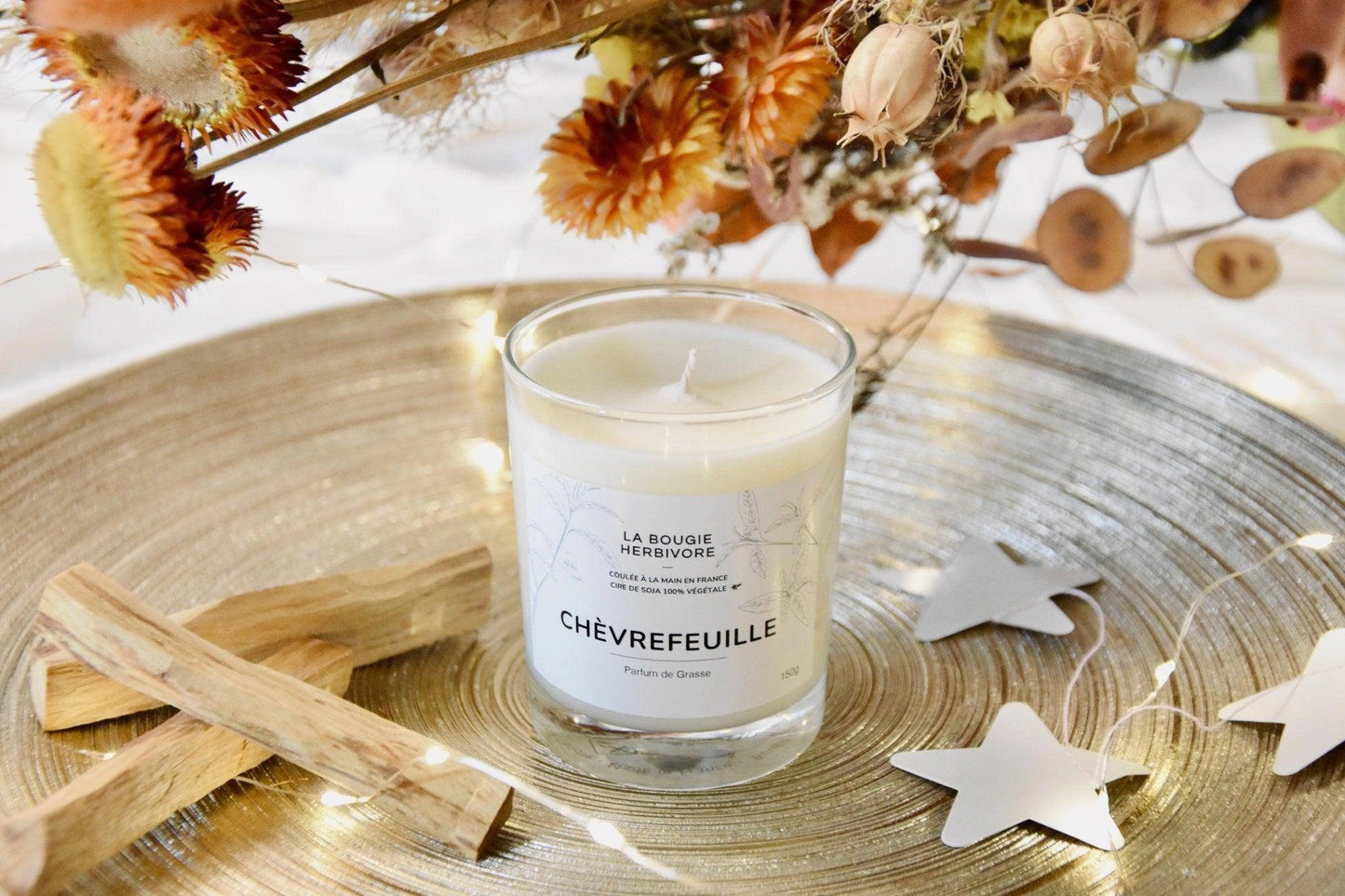 Bougie cire de soja naturelle parfumée au chèvrefeuille de La Bougie Herbivore