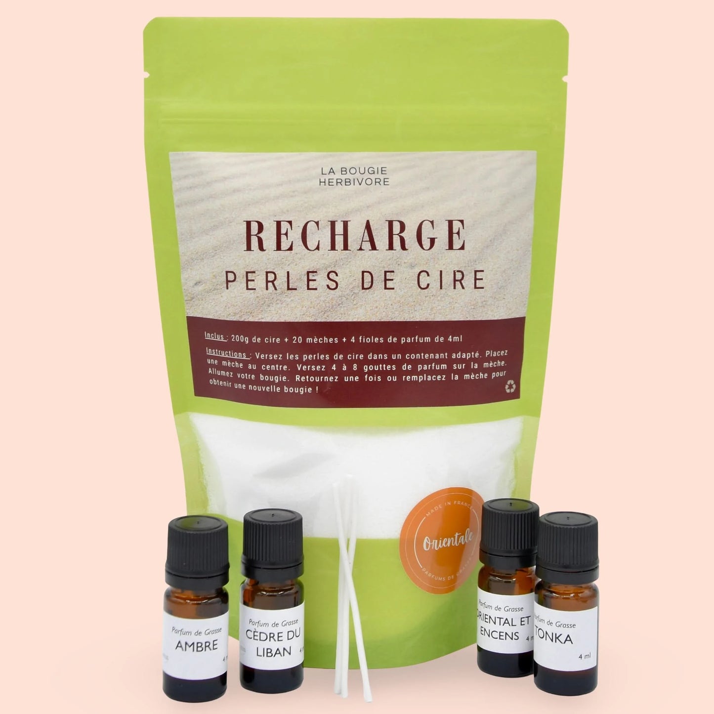 Recharge pour bougie en perles de cire avec huiles parfumées et mèches à bougie