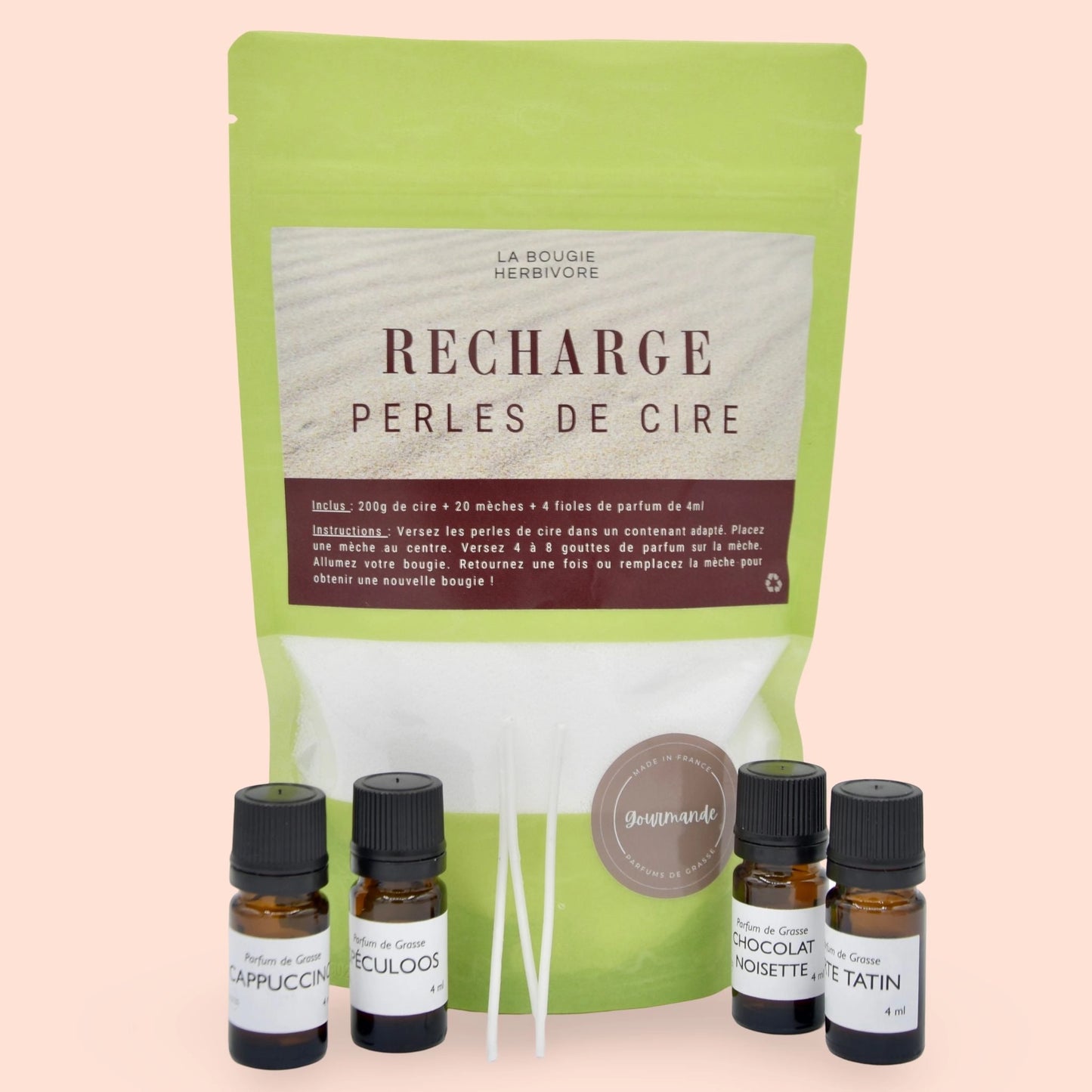 Recharge Bougie en perles de cire avec 20 mèches et 4 parfums gourmands pour bougie artisanale