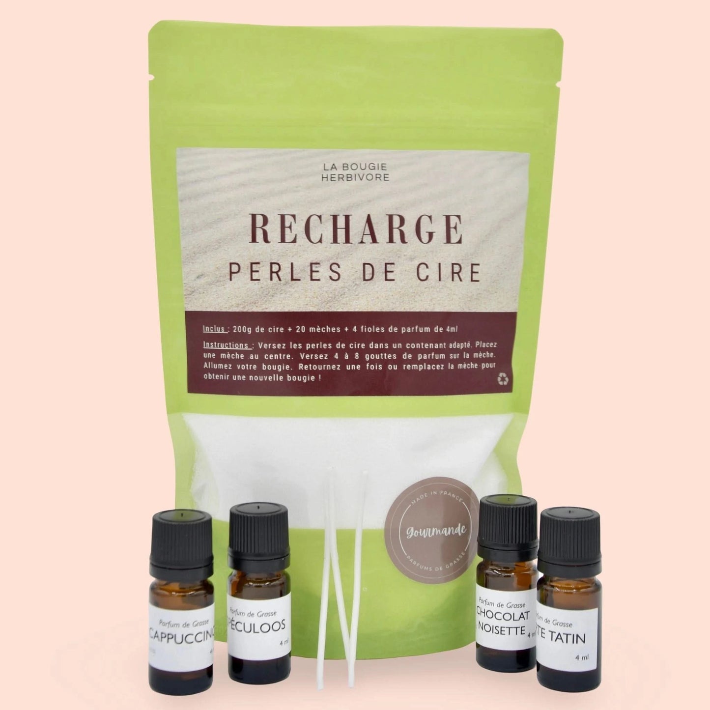 Recharge Bougie en perles de cire avec 20 mèches et 4 parfums gourmands pour bougie artisanale