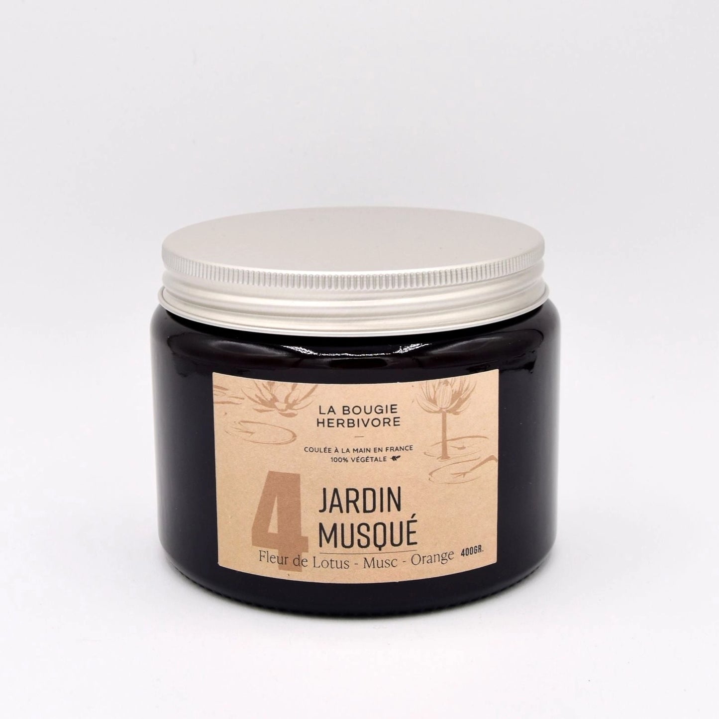 Bougie fleur de lotus et musc de La Bougie Herbivore dans un pot noir élégant de 400g