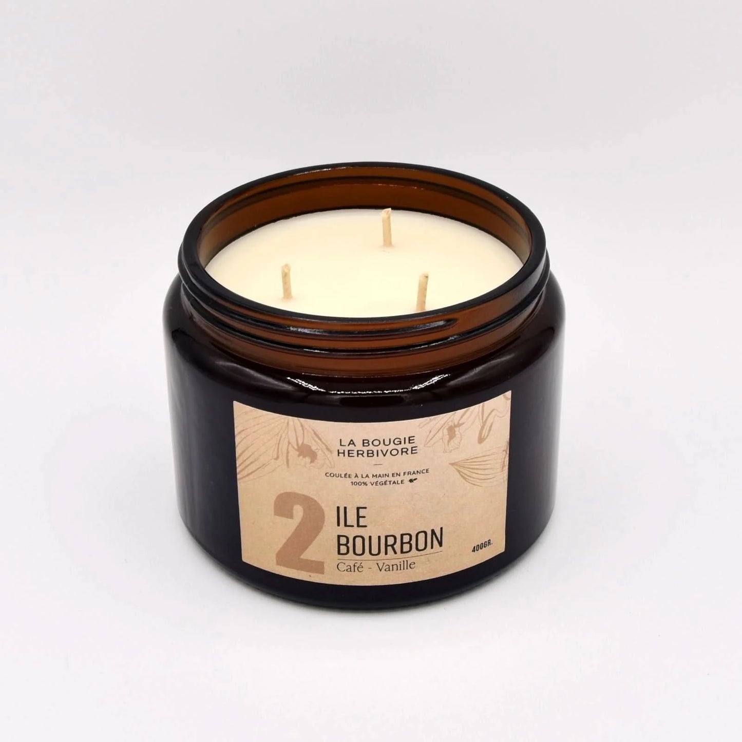 Bougie parfumée café vanille La Bougie Herbivore dans un pot en verre avec trois mèches