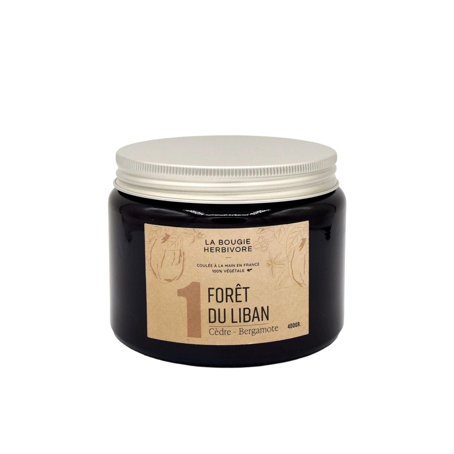 Bougie parfumée cèdre bergamote de La Bougie Herbivore dans un pot noir de 400g, idéale pour une ambiance apaisante