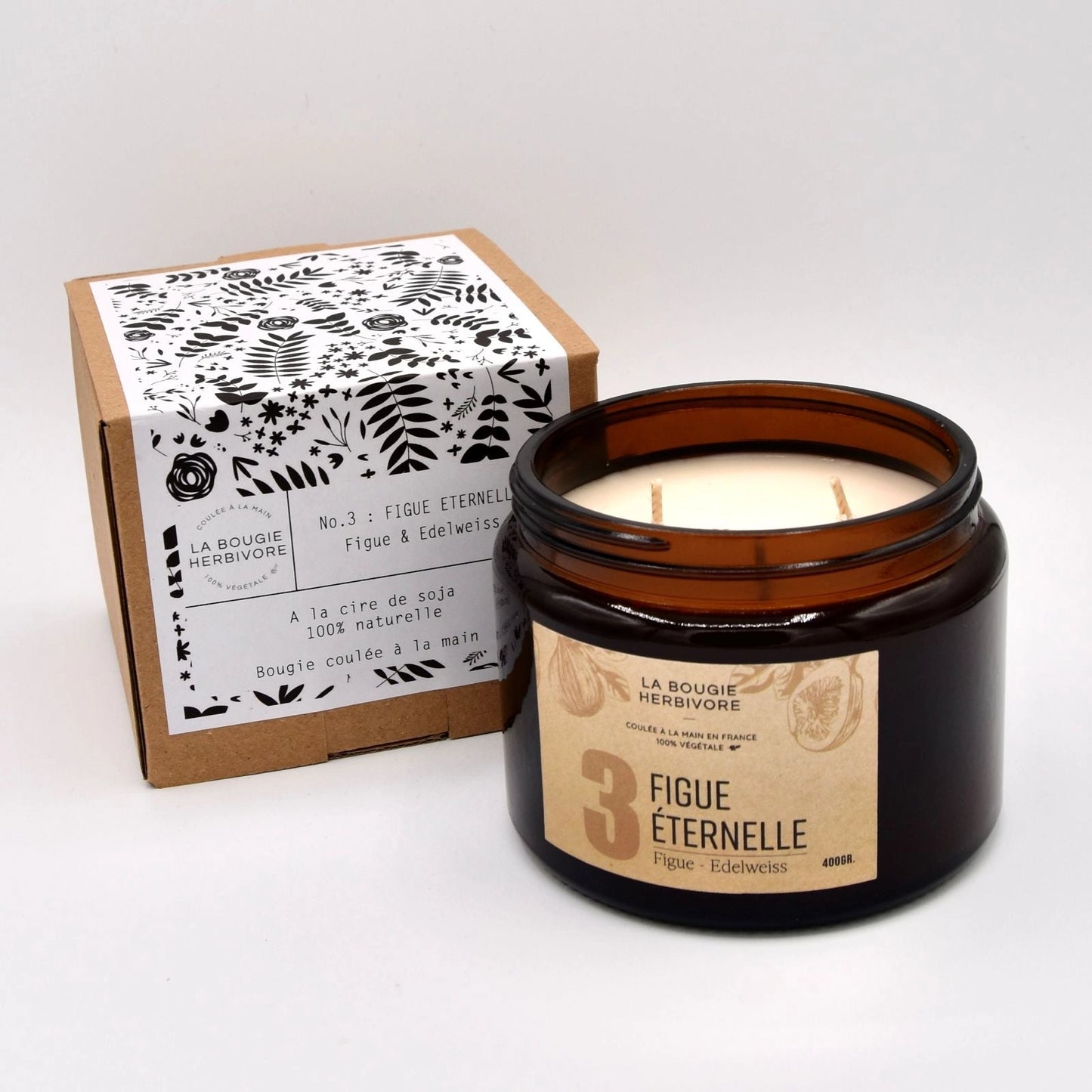 Bougie parfumée figue en pot de verre avec double mèche, parfum figue et edelweiss de La Bougie Herbivore