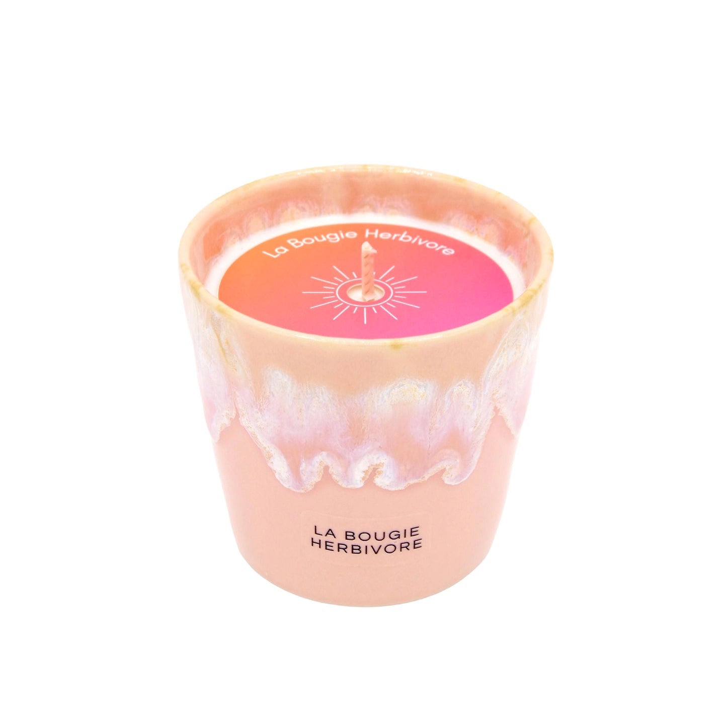 Bougie parfumée hibiscus de La Bougie Herbivore dans un pot design élégant aux couleurs pastel