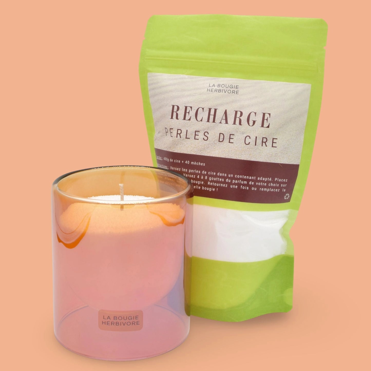 Bougie perlée parfumée made in France avec recharge de perles de cire de La Bougie Herbivore