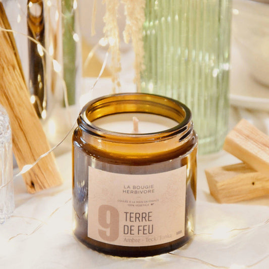Bougie parfumée ambre teck de La Bougie Herbivore dans un élégant pot en verre, 90g
