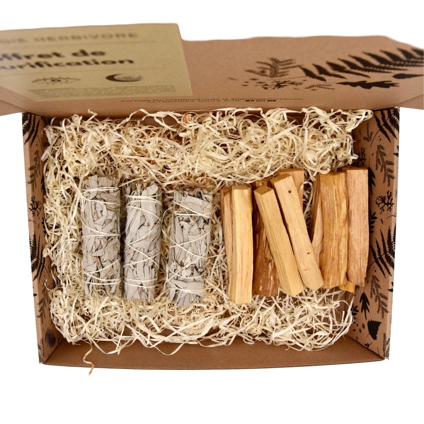 Coffret purification sauges contenant des bâtons de sauge et de palo santo dans un emballage en carton