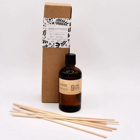 Diffuseur tonka made in France avec flacon en verre et bâtonnets en bois pour une ambiance parfumée