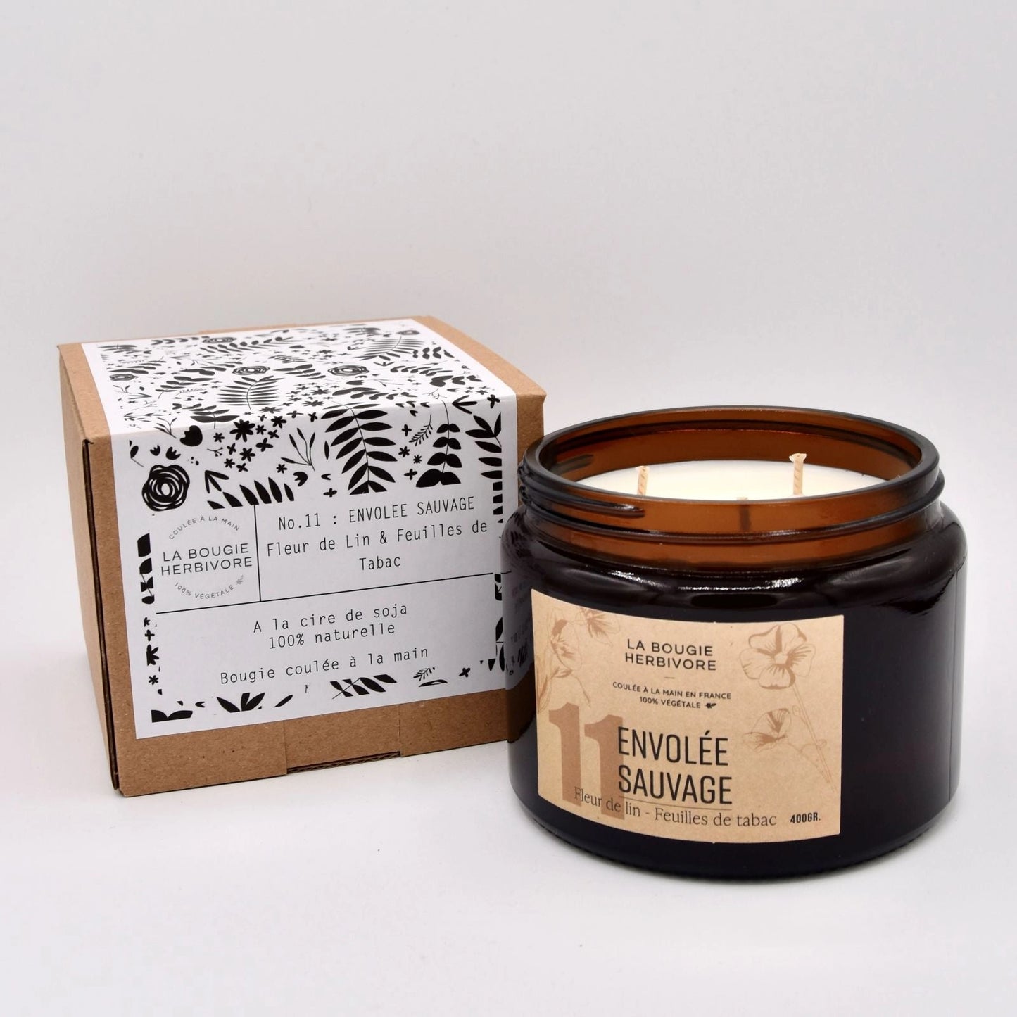 Bougie La Bougie Herbivore Envolée Sauvage au soja avec parfum de fleur de lin et feuilles de tabac