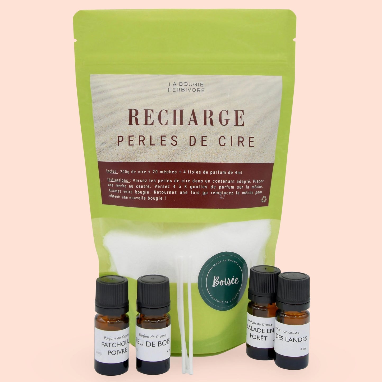 Recharge de perles de cire boisées La Bougie Herbivore avec 20 perles parfumées et huiles essentielles