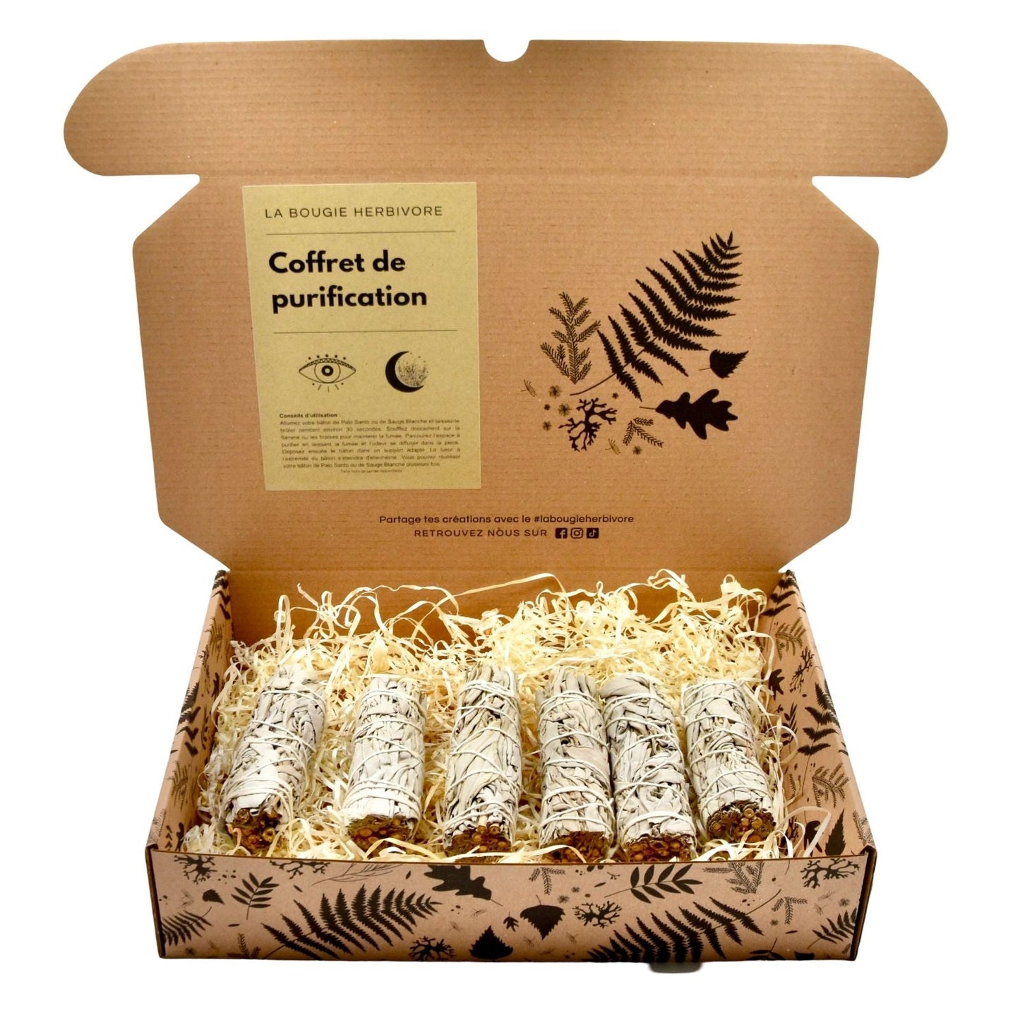 Coffret de purification de La Bougie Herbivore avec six bâtons de sauge blanche purification