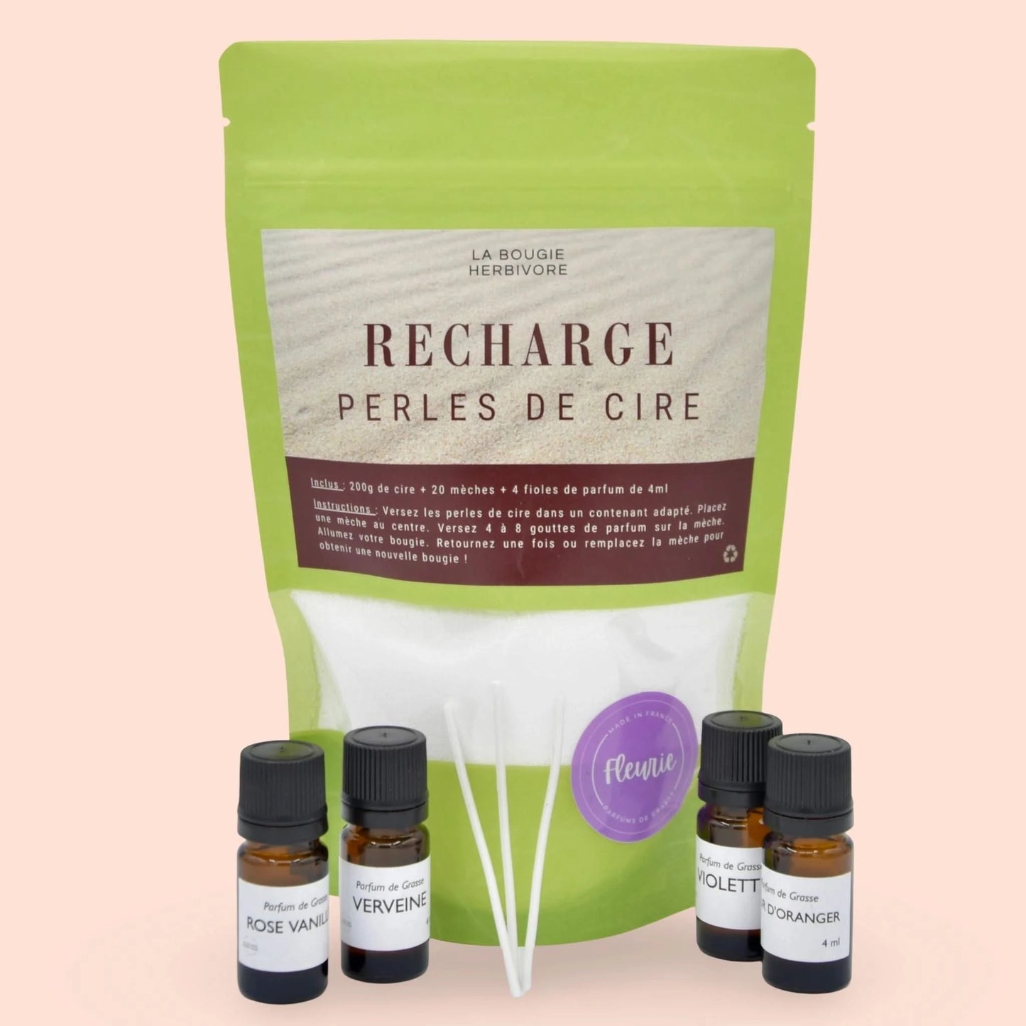 Recharge perles de cire parfumées de La Bougie Herbivore avec mèches et parfums variés pour bougies fait maison