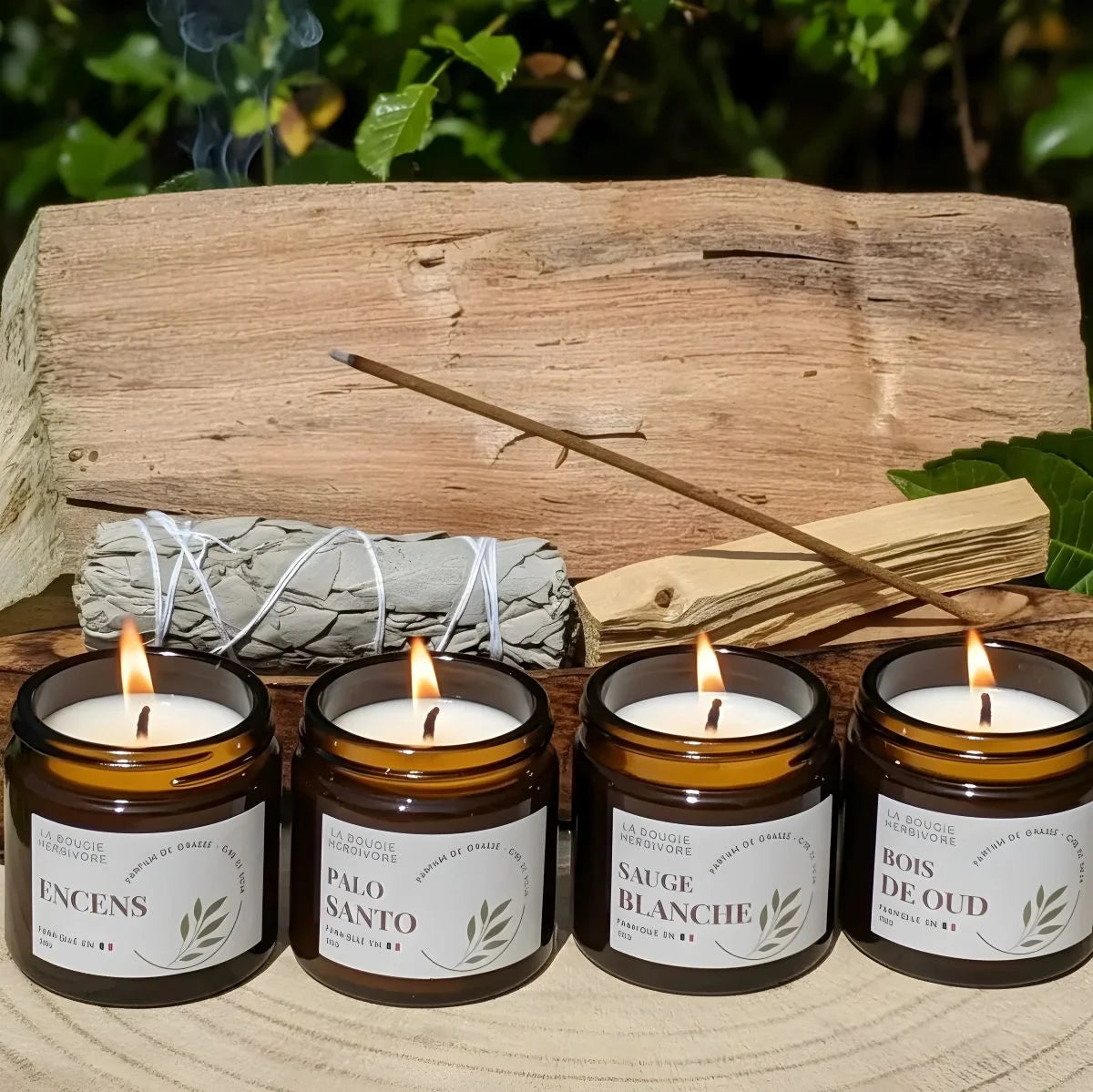 4 Bougies Parfumées 50g – Sauge Blanche, Palo Santo, Encens, Bois de Oud
