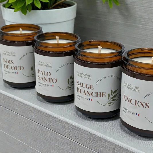 Pack 4 bougies purification Palo Santo Sauge Encens Oud en pots ambrés