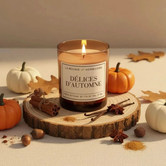 Bougie Parfumée Délices d'Automne Verre Ambré | Cire de Colza | Parfum de Grasse - 180g