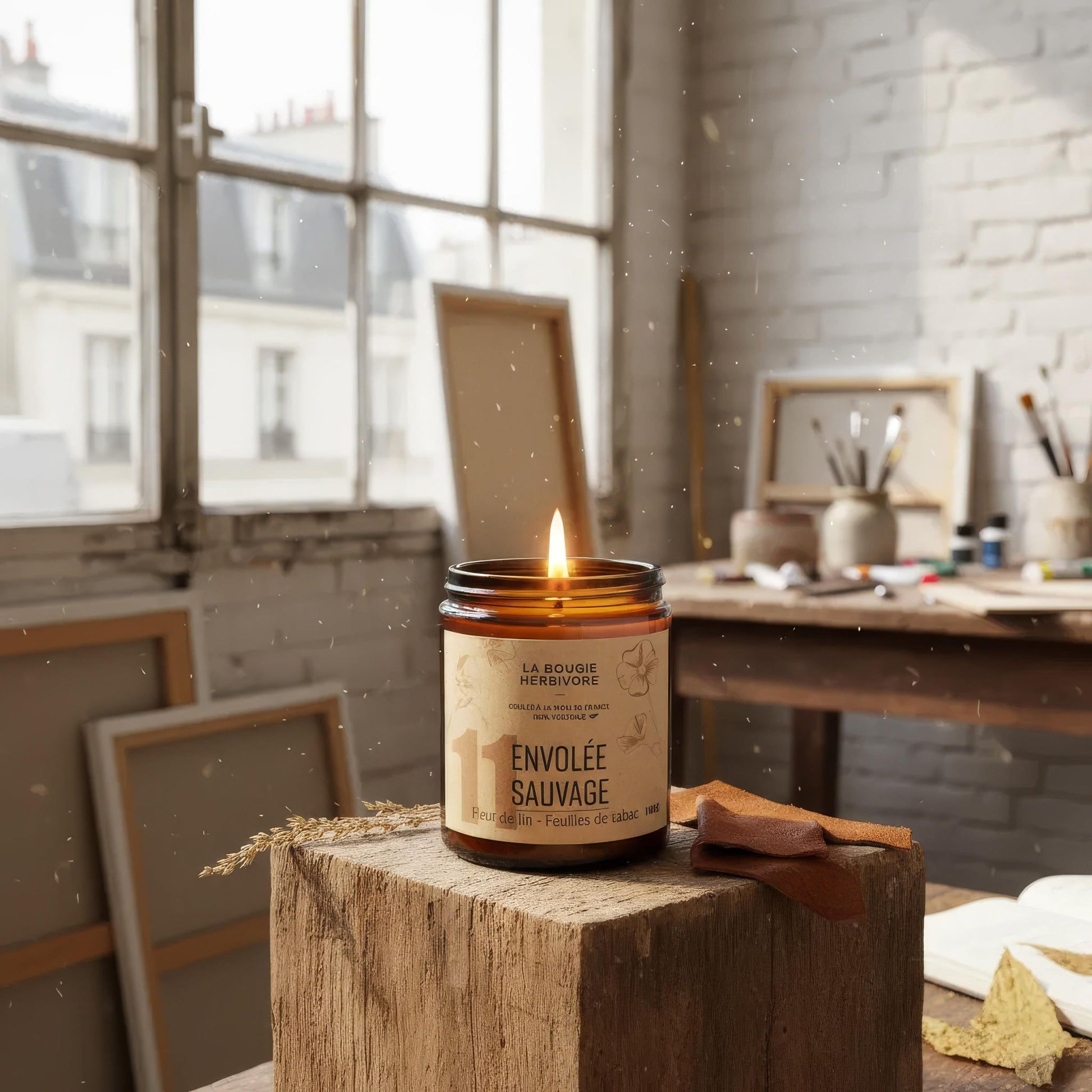 bougie artisanale naturelle – Envolée Sauvage – Fleur de Lin & Feuilles de Tabac