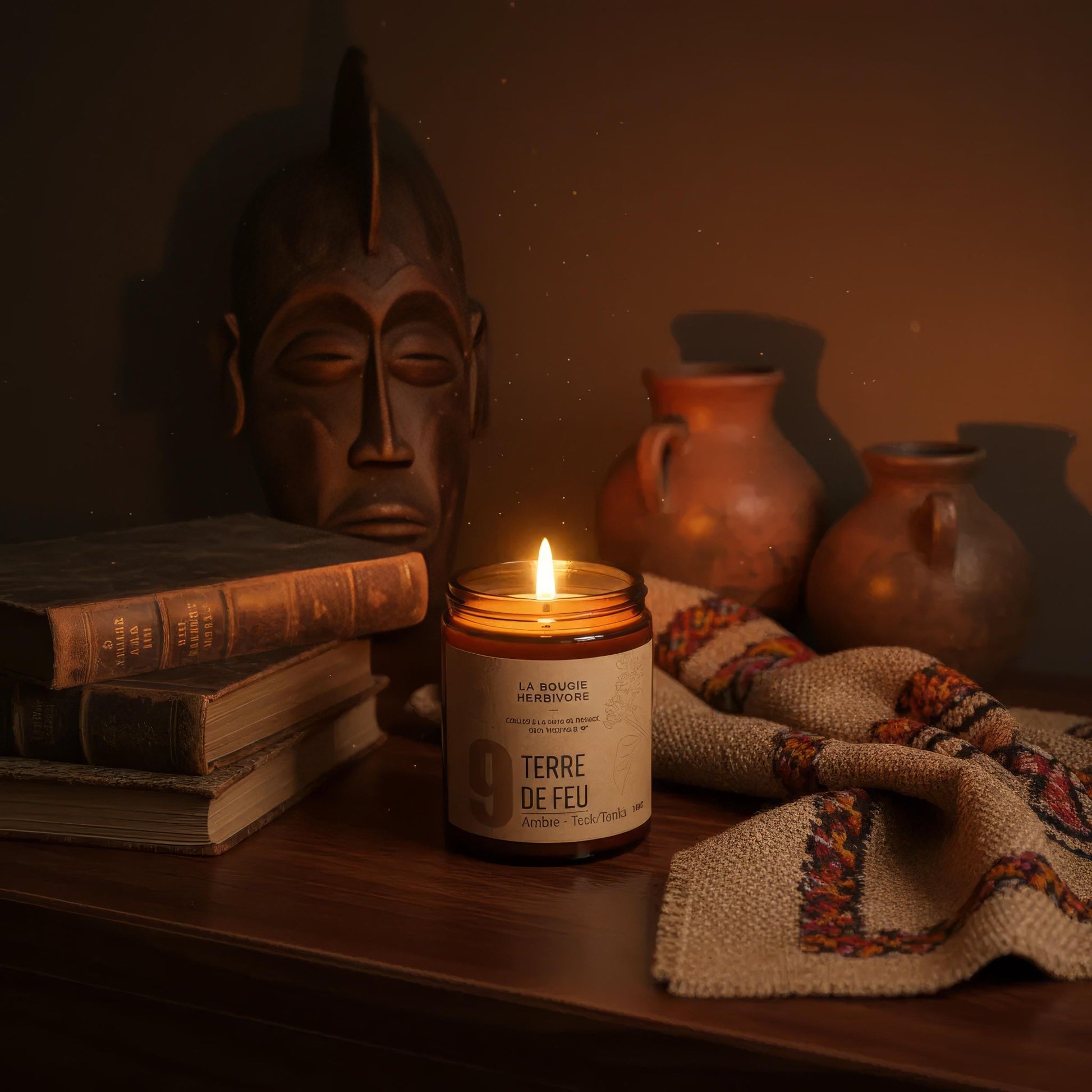 bougie artisanale naturelle – Terre de Feu – Ambre, Teck & Tonka