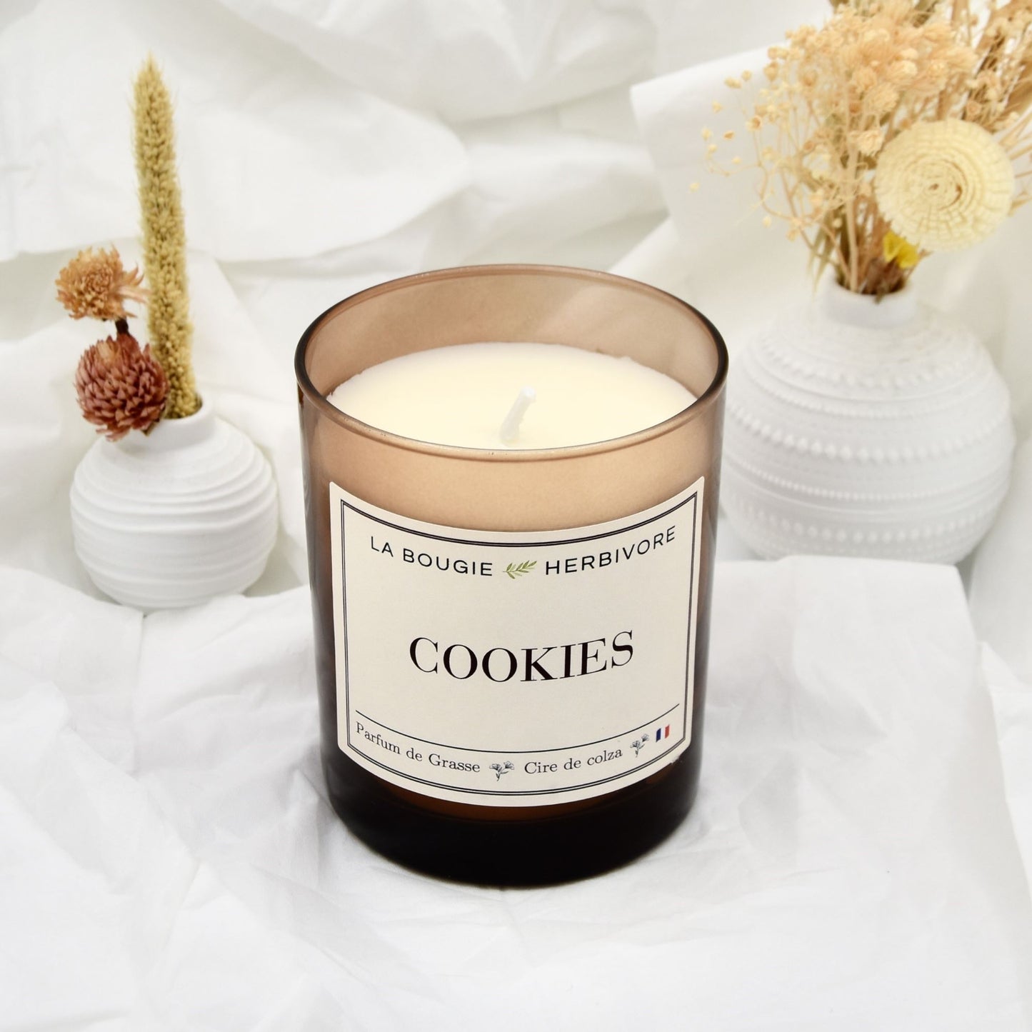 Bougie parfumée naturelle "Cookies" Verre Ambré | Cire de Colza | Parfum de Grasse - 180g - La Bougie Herbivore