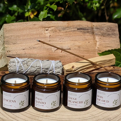 4 Bougies Parfumées 50g – Sauge Blanche, Palo Santo, Encens, Bois de Oud